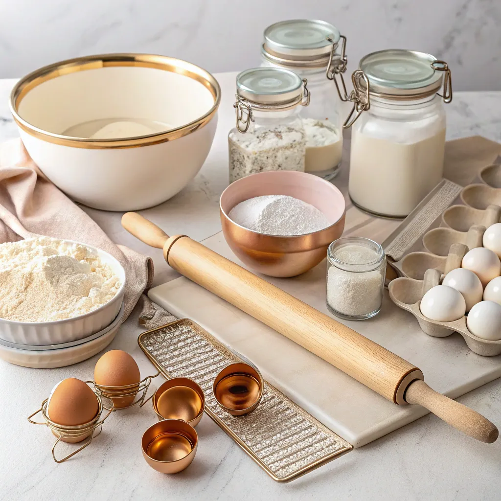 Elegant baking tools and ingredients setup for a master class